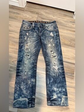 Rock Revival Men's Distressed Dark Blue Washed Jeans